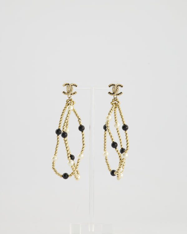 Chanel Champagne Gold CC Logo and Beaded Pendant Earrings