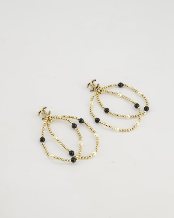 Chanel Champagne Gold CC Logo and Beaded Pendant Earrings