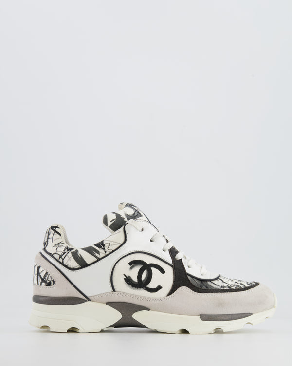 Chanel Grey, White, Black Leather and Suede Graffiti CC Trainers Size EU 38.5