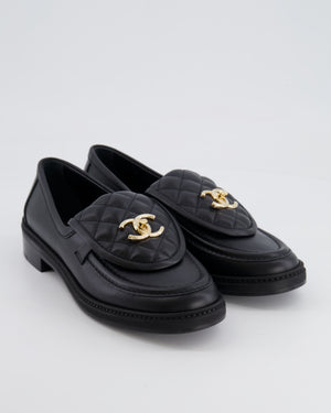 *HOT* Chanel Black Leather Loafers with Champagne Gold CC Logo Size EU 38
