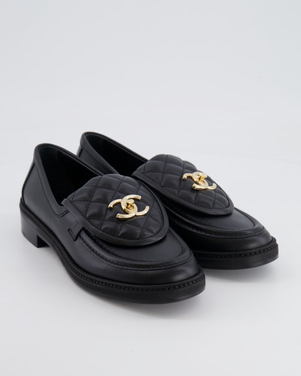 *HOT* Chanel Black Leather Loafers with Champagne Gold CC Logo Size EU 38