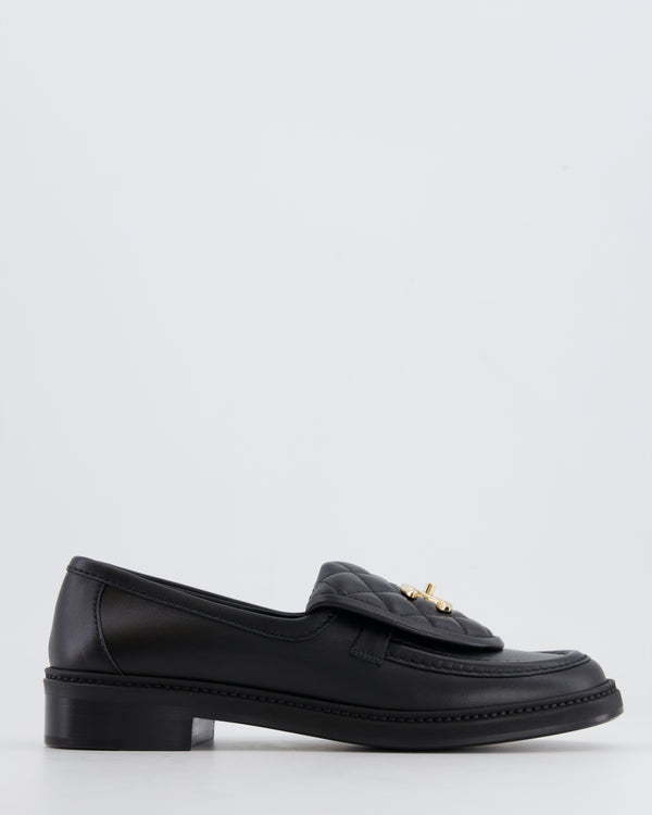 *HOT* Chanel Black Leather Loafers with Champagne Gold CC Logo Size EU 38