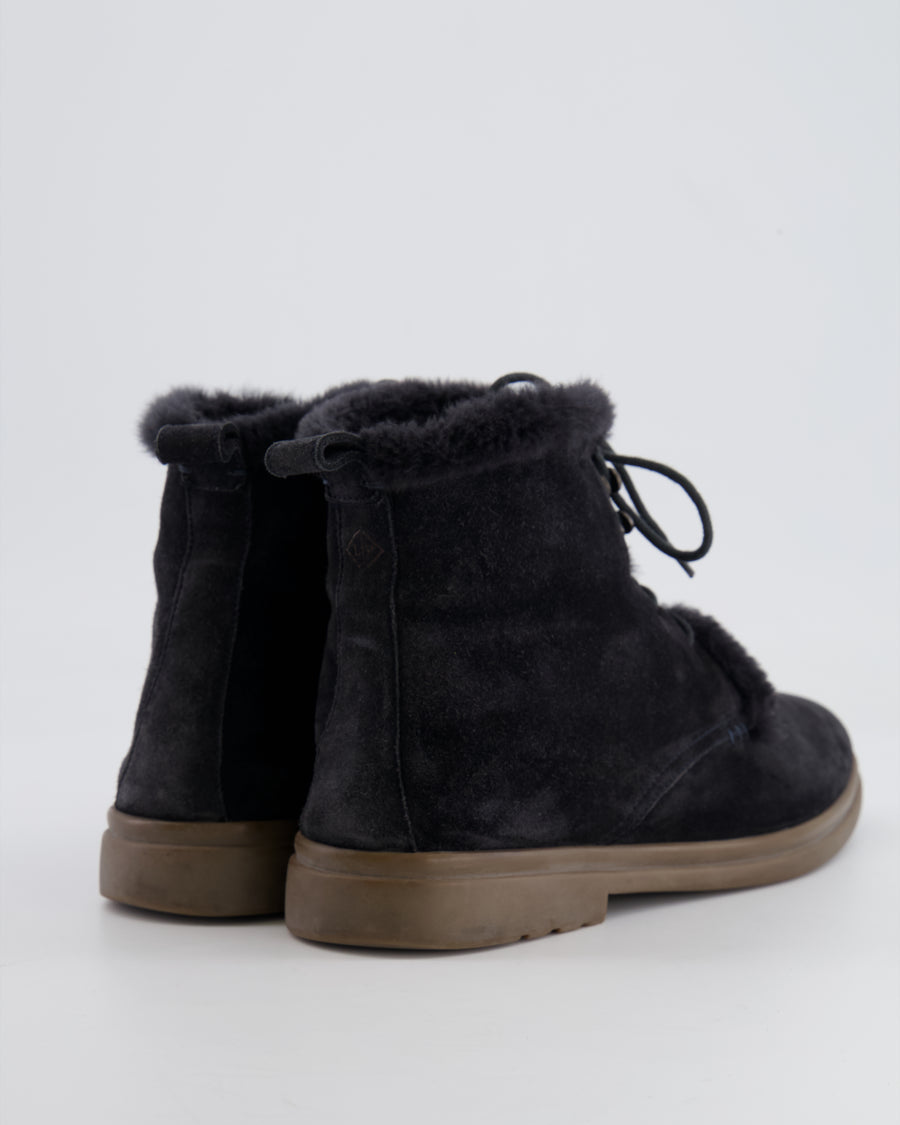 Loro Piana Navy Suede and Fur Laced-Up Ankle Boots Size EU 38