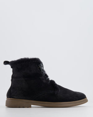 Loro Piana Navy Suede and Fur Laced-Up Ankle Boots Size EU 38