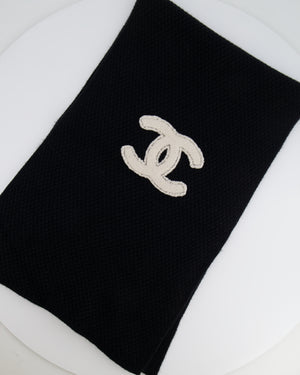Chanel Black Cashmere Scarf with White CC Logo Detail