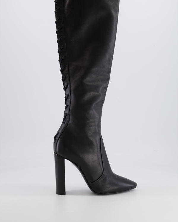 Saint Laurent Black 76 Leather Laced Thigh-High Boots Size 37.5 RRP £1,700