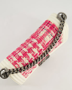 Chanel White and Pink Medium Boy Bag in Patent Leather and Tweed with Ruthenium Hardware