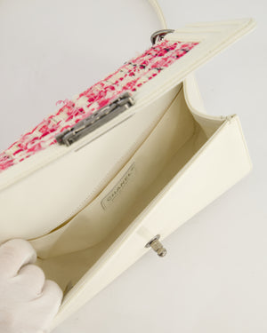 Chanel White and Pink Medium Boy Bag in Patent Leather and Tweed with Ruthenium Hardware