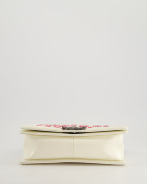 Chanel White and Pink Medium Boy Bag in Patent Leather and Tweed with Ruthenium Hardware