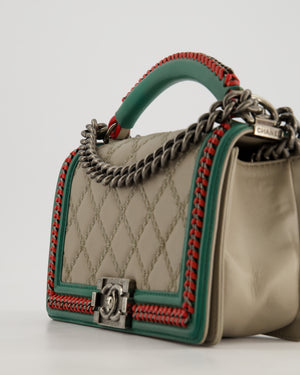 *RARE* Chanel 2015 Paris/Salzburg Taupe, Green and Red Braided Medium Calfskin Boy Bag with Top Handle and Ruthenium Hardware