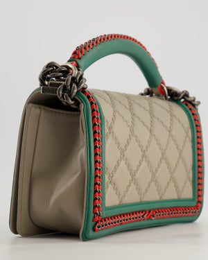 *RARE* Chanel 2015 Paris/Salzburg Taupe, Green and Red Braided Medium Calfskin Boy Bag with Top Handle and Ruthenium Hardware