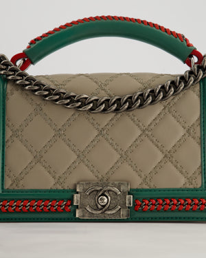 *RARE* Chanel 2015 Paris/Salzburg Taupe, Green and Red Braided Medium Calfskin Boy Bag with Top Handle and Ruthenium Hardware