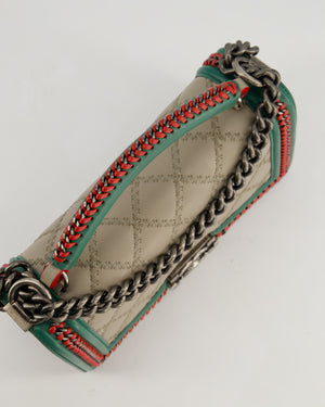 *RARE* Chanel 2015 Paris/Salzburg Taupe, Green and Red Braided Medium Calfskin Boy Bag with Top Handle and Ruthenium Hardware
