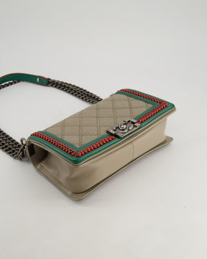 *RARE* Chanel 2015 Paris/Salzburg Taupe, Green and Red Braided Medium Calfskin Boy Bag with Top Handle and Ruthenium Hardware