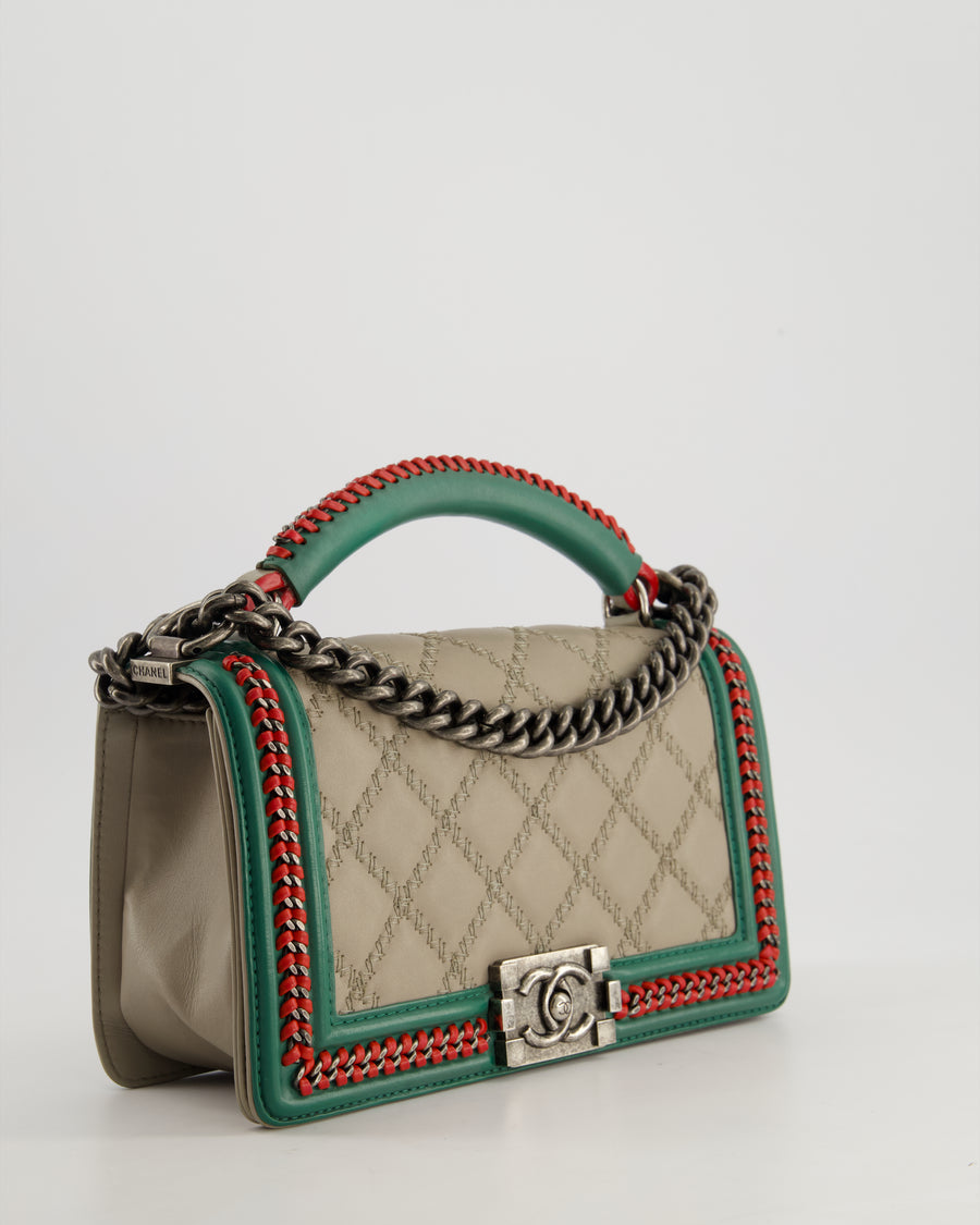*RARE* Chanel 2015 Paris/Salzburg Taupe, Green and Red Braided Medium Calfskin Boy Bag with Top Handle and Ruthenium Hardware