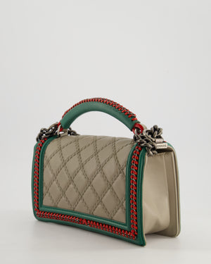 *RARE* Chanel 2015 Paris/Salzburg Taupe, Green and Red Braided Medium Calfskin Boy Bag with Top Handle and Ruthenium Hardware
