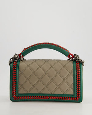 *RARE* Chanel 2015 Paris/Salzburg Taupe, Green and Red Braided Medium Calfskin Boy Bag with Top Handle and Ruthenium Hardware