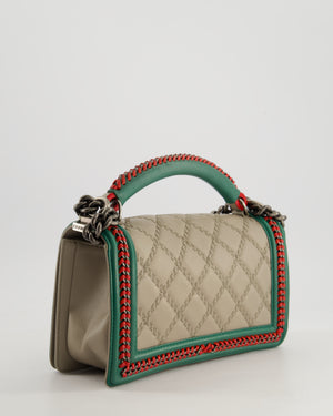 *RARE* Chanel 2015 Paris/Salzburg Taupe, Green and Red Braided Medium Calfskin Boy Bag with Top Handle and Ruthenium Hardware