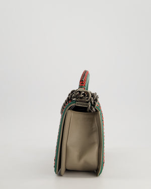 *RARE* Chanel 2015 Paris/Salzburg Taupe, Green and Red Braided Medium Calfskin Boy Bag with Top Handle and Ruthenium Hardware