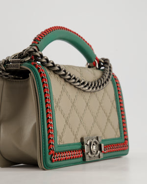 *RARE* Chanel 2015 Paris/Salzburg Taupe, Green and Red Braided Medium Calfskin Boy Bag with Top Handle and Ruthenium Hardware