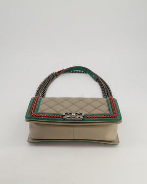 *RARE* Chanel 2015 Paris/Salzburg Taupe, Green and Red Braided Medium Calfskin Boy Bag with Top Handle and Ruthenium Hardware