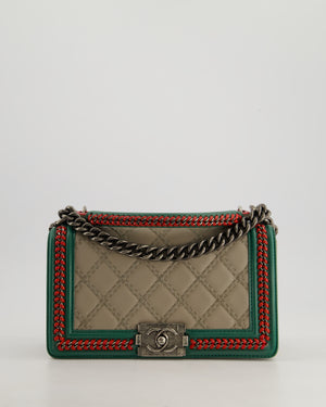 *RARE* Chanel 2015 Paris/Salzburg Taupe, Green and Red Braided Medium Calfskin Boy Bag with Top Handle and Ruthenium Hardware
