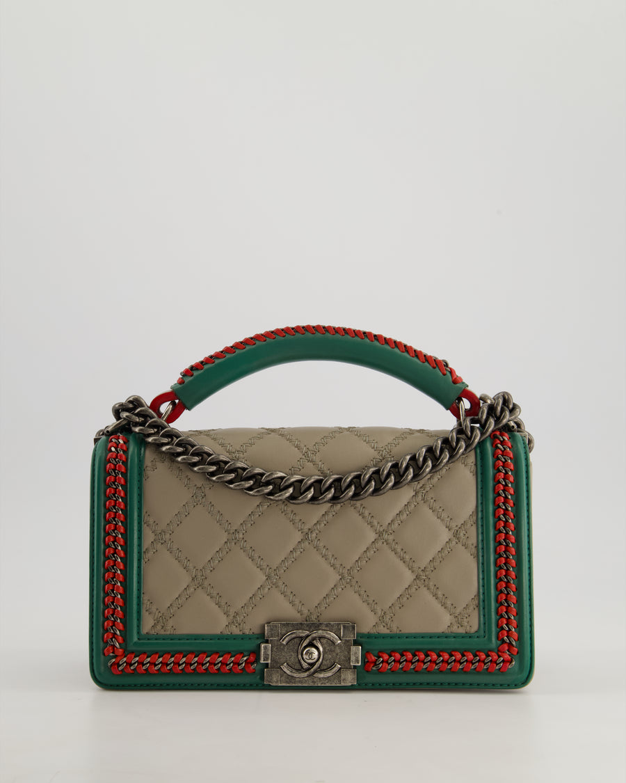 *RARE* Chanel 2015 Paris/Salzburg Taupe, Green and Red Braided Medium Calfskin Boy Bag with Top Handle and Ruthenium Hardware
