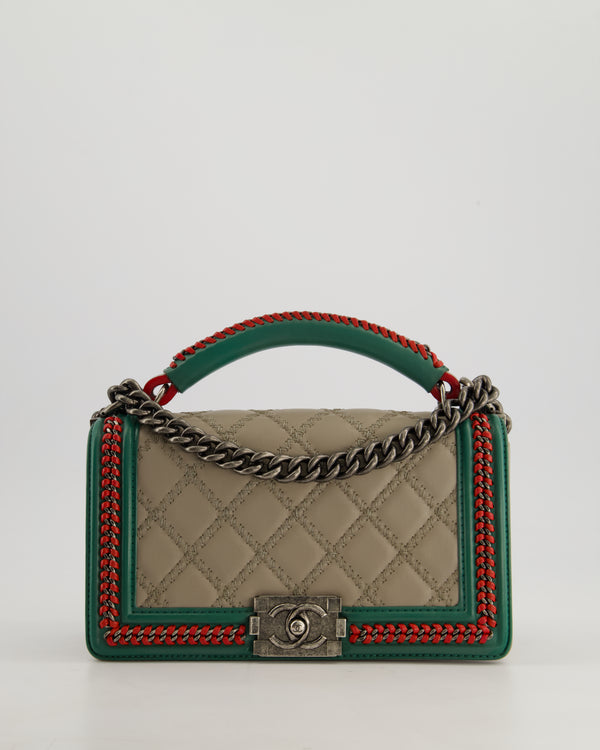 *RARE* Chanel 2015 Paris/Salzburg Taupe, Green and Red Braided Medium Calfskin Boy Bag with Top Handle and Ruthenium Hardware