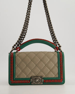 *RARE* Chanel 2015 Paris/Salzburg Taupe, Green and Red Braided Medium Calfskin Boy Bag with Top Handle and Ruthenium Hardware
