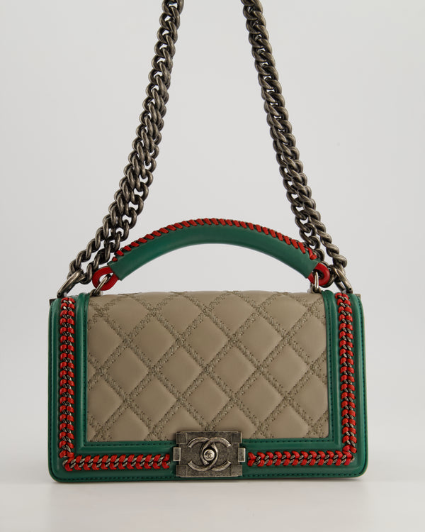 *RARE* Chanel 2015 Paris/Salzburg Taupe, Green and Red Braided Medium Calfskin Boy Bag with Top Handle and Ruthenium Hardware