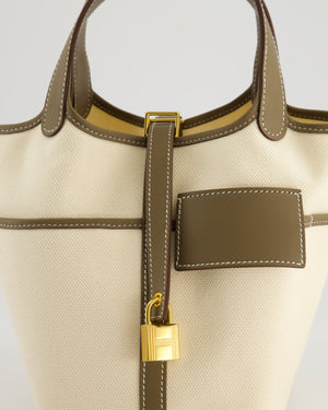 Hermes Picotin 18cm Cargo in Ecru Canvas & Etoupe Swift Leather with Gold Hardware
