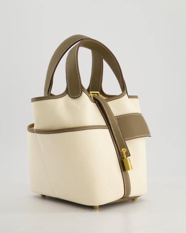 Hermes Picotin 18cm Cargo in Ecru Canvas & Etoupe Swift Leather with Gold Hardware