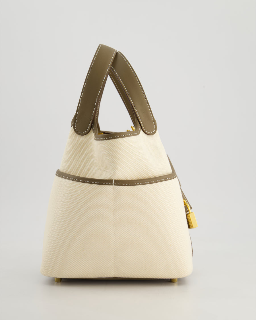 Hermes Picotin 18cm Cargo in Ecru Canvas & Etoupe Swift Leather with Gold Hardware