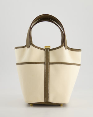 Hermes Picotin 18cm Cargo in Ecru Canvas & Etoupe Swift Leather with Gold Hardware