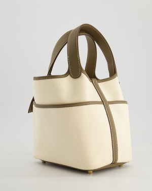 Hermes Picotin 18cm Cargo in Ecru Canvas & Etoupe Swift Leather with Gold Hardware