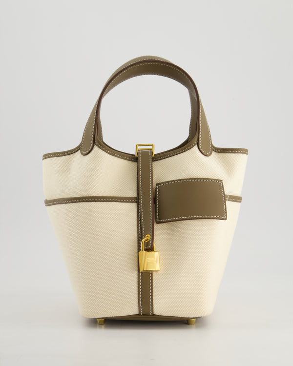 Hermes Picotin 18cm Cargo in Ecru Canvas & Etoupe Swift Leather with Gold Hardware