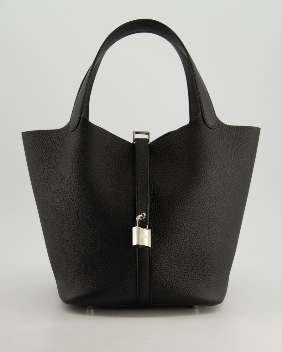 *HOT* Hermès Picotin Lock Bag 22cm in Noir Clemence Leather with Palladium Hardware