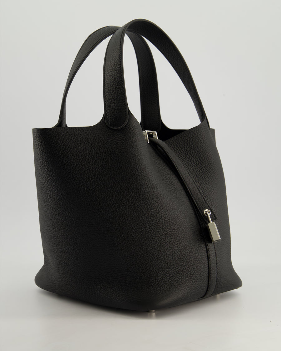 *HOT* Hermès Picotin Lock Bag 22cm in Noir Clemence Leather with Palladium Hardware