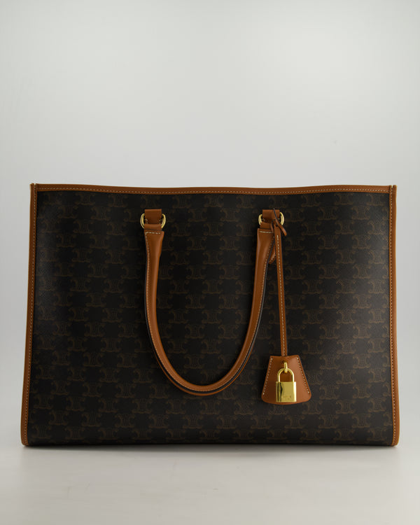 Celine Brown Horizontal Cabas Tote Bag In Triomphe Coated Canvas and Brown Calfskin Handles