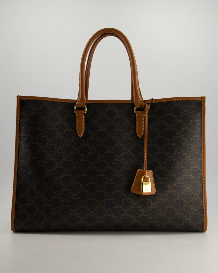 Celine Brown Horizontal Cabas Tote Bag In Triomphe Coated Canvas and Brown Calfskin Handles