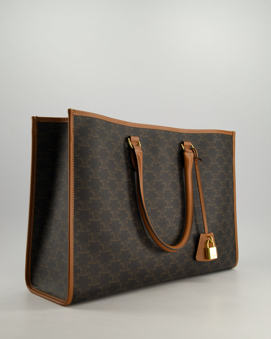 Celine Brown Horizontal Cabas Tote Bag In Triomphe Coated Canvas and Brown Calfskin Handles