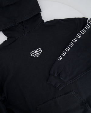 Balenciaga Black Distressed Hoodie with BB Logo Details Size S (UK 8)