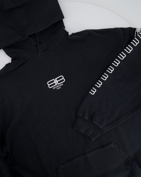 Balenciaga Black Distressed Hoodie with BB Logo Details Size S (UK 8)