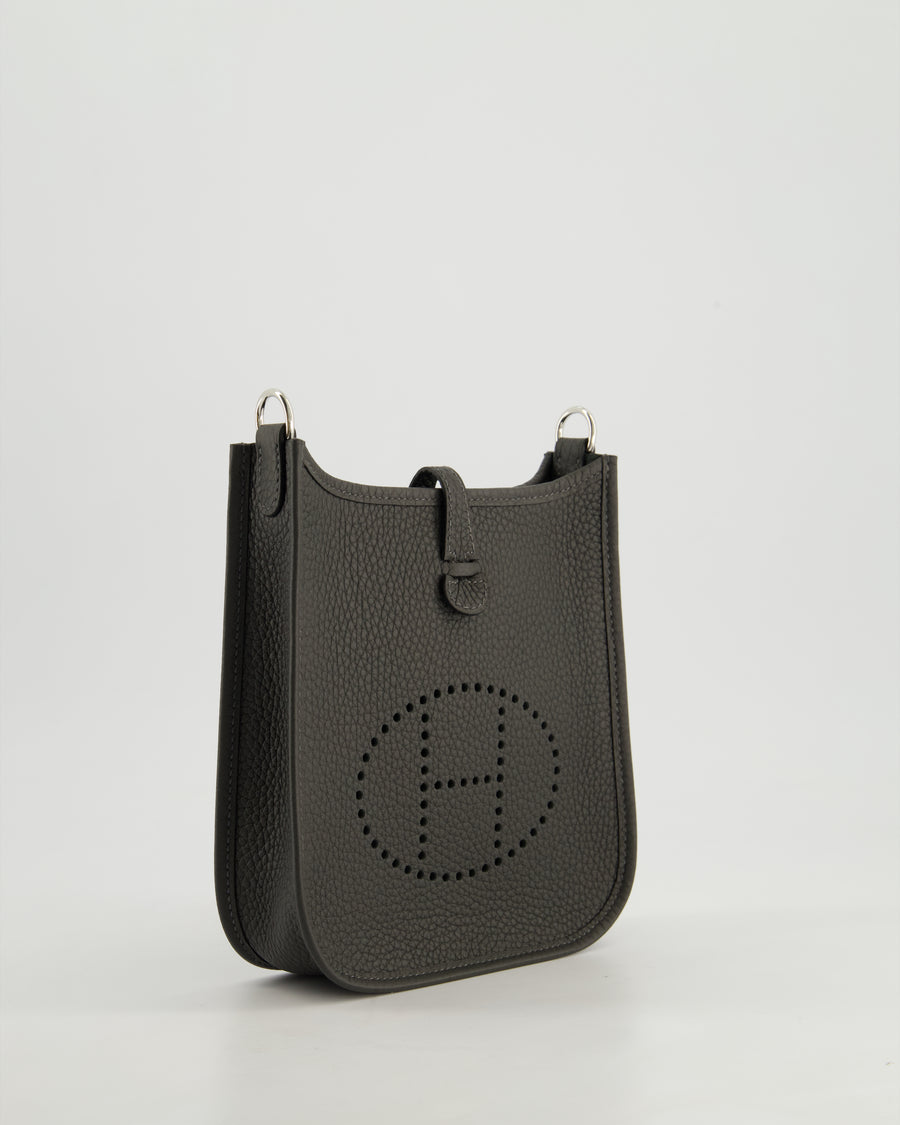 Hermès Mini Evelyne 16 Bag in Dark Bronze Amazone Clemence Leather with Palladium Hardware with Noir and Vert Mili Strap