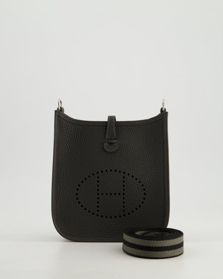 Hermès Mini Evelyne 16 Bag in Dark Bronze Amazone Clemence Leather with Palladium Hardware with Noir and Vert Mili Strap