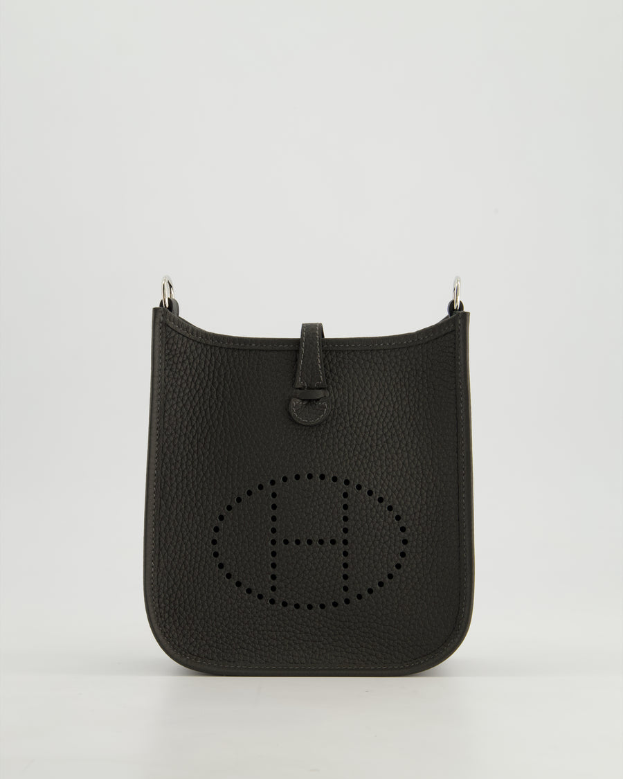 Hermès Mini Evelyne 16 Bag in Dark Bronze Amazone Clemence Leather with Palladium Hardware with Noir and Vert Mili Strap