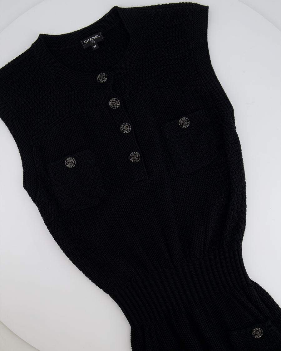 Chanel 20S Black Silk Knit Sleeveless Mini Dress with Silver CC Logo Details Size FR 34 (UK 6) RRP £2,500
