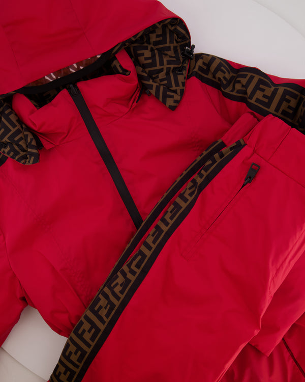 Fendi Red and Brown Reversible Jacket and Trousers Ski Set with Monogram Details Size IT 38 (UK 6)