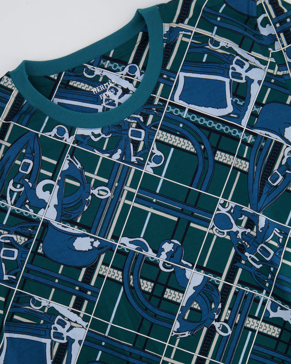 Hermès Green and Blue "Tartan et Chaines Milano" T-Shirt Size FR 36 (UK 8) RRP £680