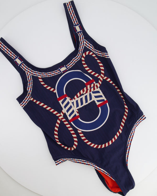Hermès Navy and Red Canoe Print One-Piece Swimsuit Size FR 40 (UK 12) RRP £600
